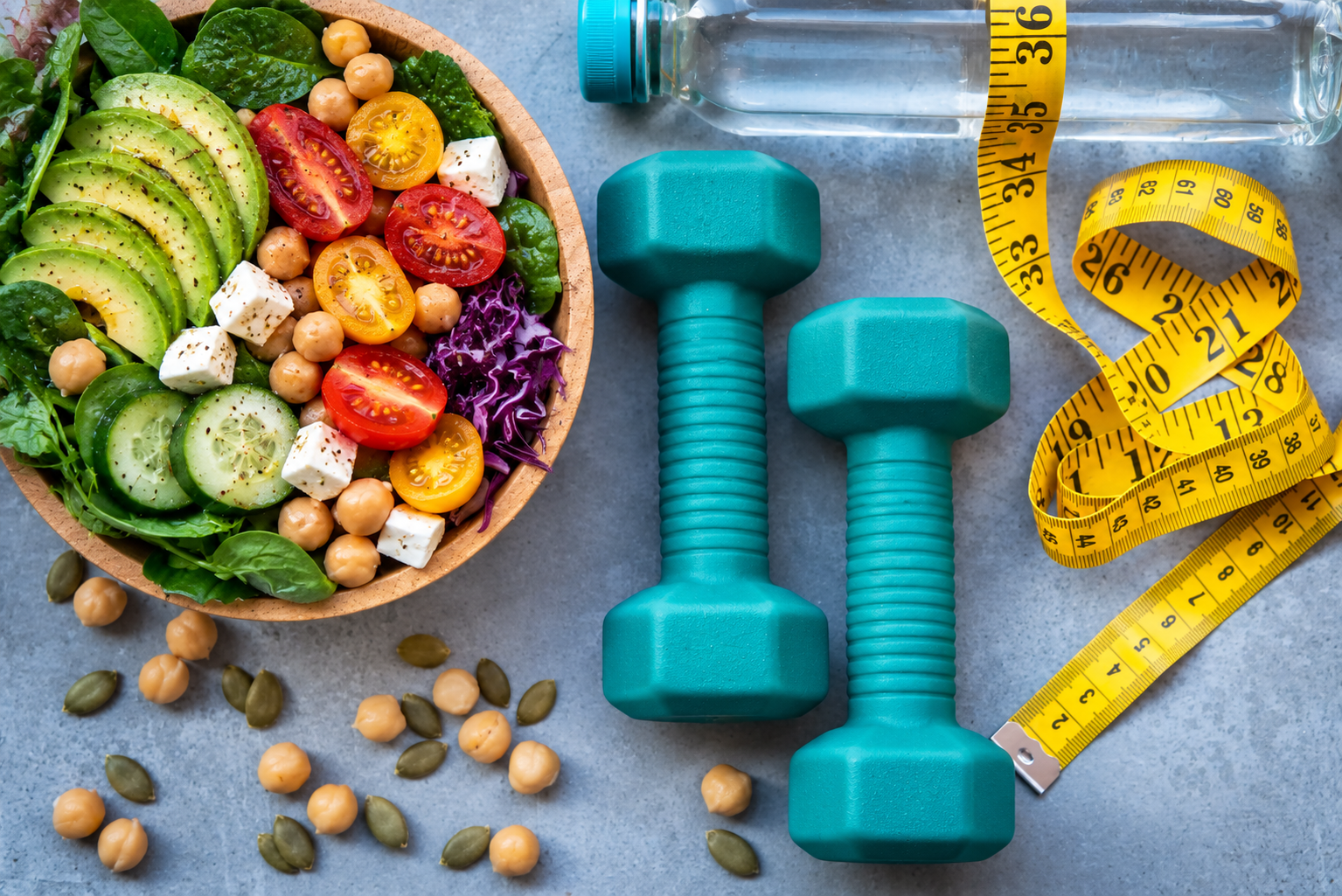 AI-generated illustrative balanced food and exercise equipment